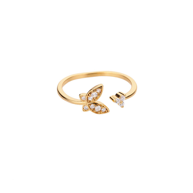 Personality Zircon Butterfly Ring Exquisite Three-dimensional Ring Adjustable Ring Open Ring Women